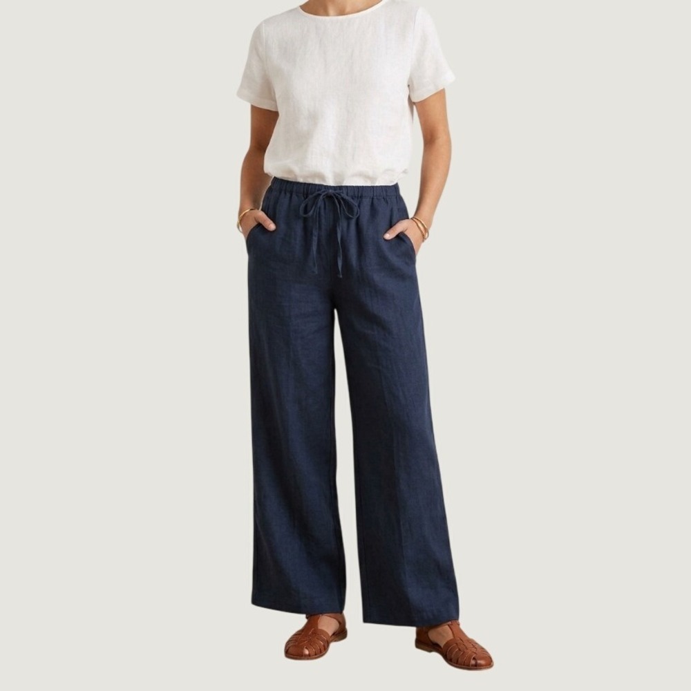 Jones New York Woman Navy Blue 100% Linen Wide Leg Pants Plus Size 1X Drawstring